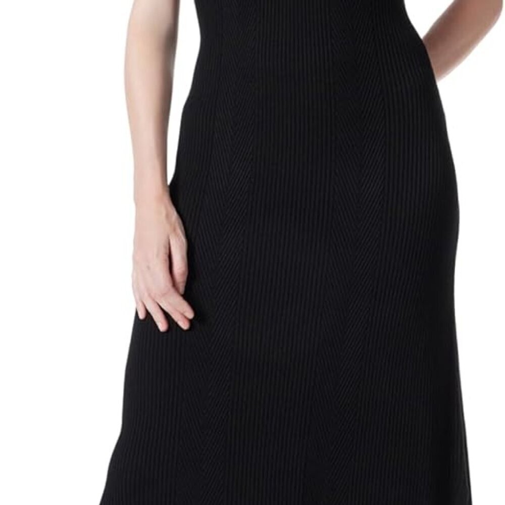 Women's Ribbed Knit Dress Black Large Asymmetric Turtleneck Slits